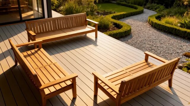 Medium shot of an open deck layout showcasing spacious seating and seamless transition to the surrounding garden area