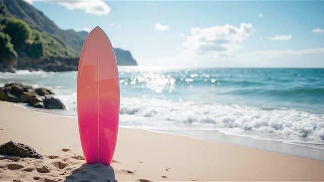 surfboard standing on the sand at the beach 
