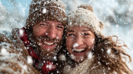 Joyful couple bundled up in winter attire, smiling broadly as snowflakes gently fall around them, capturing a heartwarming moment of love and happiness during the snowy season.
