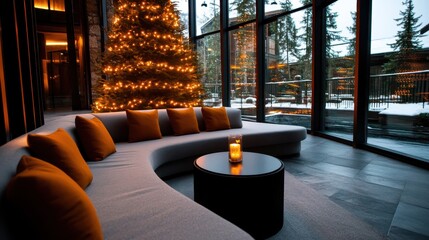 A cozy interior showcases a curved sofa with orange cushions, a candlelit round table, and a glowing Christmas tree beside large glass windows framing a snowy landscape.
