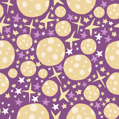 Seamless pattern made of hand drawn space elements including planets, rockets, stars, moon, sun, and comets. Repeating outer space design ideal for textiles, fabric, wallpaper, wrapping paper, station