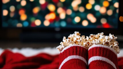 Cozy red striped socks nestled on a soft blanket filled with popcorn, with a softly blurred TV in the background displaying twinkling colorful lights.