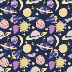Seamless pattern made of hand drawn space elements including planets, rockets, stars, moon, sun, and comets. Repeating outer space design ideal for textiles, fabric, wallpaper, wrapping paper, station