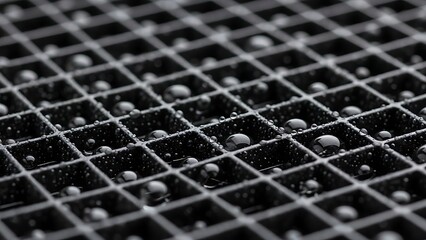 Monochromatic Gridded Surface Adorned with Water Droplets up close View