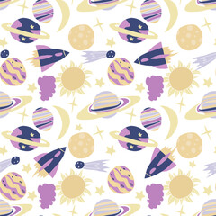 Seamless pattern made of hand drawn space elements including planets, rockets, stars, moon, sun, and comets. Repeating outer space design ideal for textiles, fabric, wallpaper, wrapping paper, station
