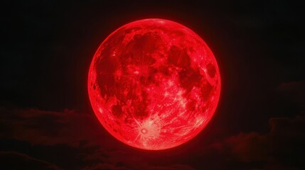 A vibrant red moon with detailed textures and craters illuminates the dark night sky.