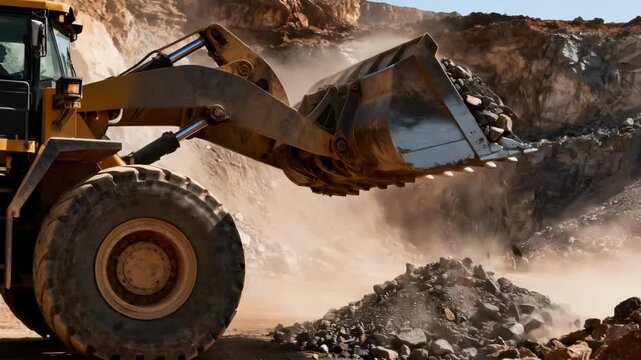 Heavyduty mining truck with large hopper attachment unloading crushed ore at a remote mining site surrounded by rocky terrain and dust clouds.