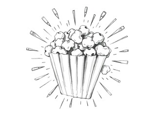 A black and white illustration of a large bucket of popcorn with pencils radiating from it