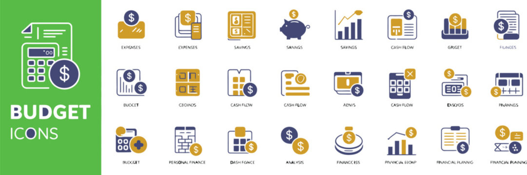 budget icon set solid vector icons collection for expense tracking money management cash flow savings spending income allocation cost estimate financial planning app and web interface.