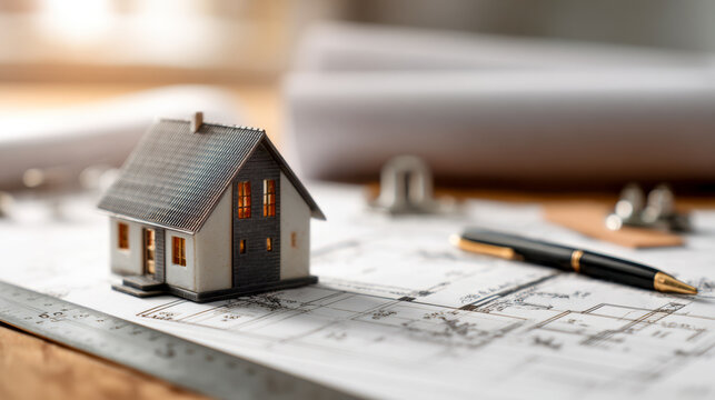 Small architectural model house placed on detailed blueprint plans with a pen and ruler symbolizing construction planning and real estate development concepts