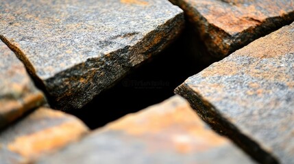 Close-up of uneven stone slabs featuring a visible crack, showcasing a rough texture in varied shades of gray and brown.
