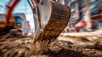 Construction site with excavator digging up soil and moving earth on an urban city street during heavy machinery operation and roadwork maintenance