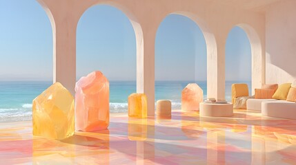 Room with a view of the ocean and a few large, colorful rocks. The room is decorated with a lot of light and the atmosphere is very calming and serene