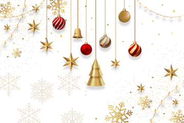 Elegant gold and red Christmas ornaments, festive snowflakes, golden stars, and sparkling confetti isolated on transparent background, perfect for holiday design elements.