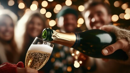 A hand pours sparkling wine into a glass, with softly blurred celebrants and warm lights creating a festive atmosphere.