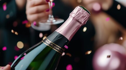 A close-up of a champagne bottle with a pink foil cap, surrounded by colorful confetti, with hands holding a glass in celebration.