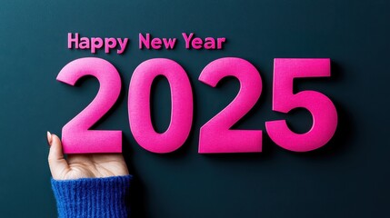A hand holds bright pink "2025" numbers with "Happy New Year" above, against a dark background.