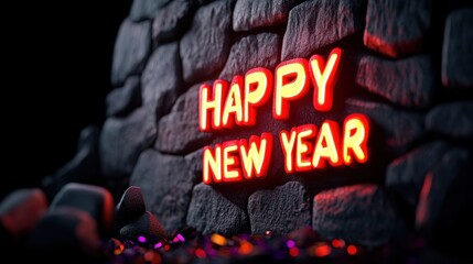 A glowing "Happy New Year" sign shines against a dark stone wall, with colorful confetti scattered below.