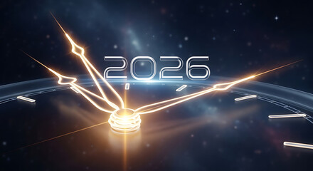 A futuristic clock face with glowing hands and the year 2026 in neon lights
