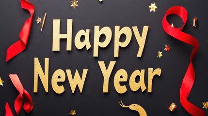 A dark background showcases golden glitter letters reading "Happy New Year," accented by festive red ribbons and shiny golden stars.