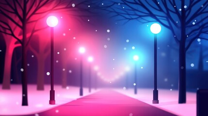 A snowy pathway lined with colorful street lamps in pink and blue is framed by dark tree silhouettes, creating a serene winter scene.