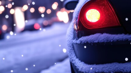 A glowing car tail light peeks through snow, set against a softly blurred winter backdrop with twinkling lights and falling snowflakes.