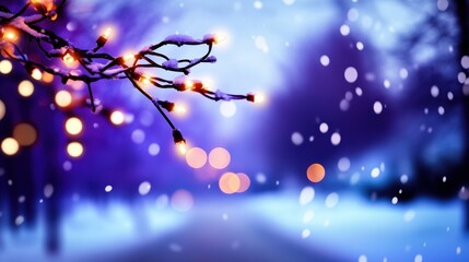 A softly lit, snow-covered branch background glows with lights as snowflakes gently fall, evoking a serene winter atmosphere.