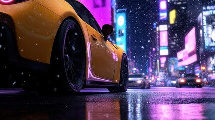 A vibrant yellow car stands out on a rainy night city street, illuminated by neon lights and surrounded by gently falling snowflakes.