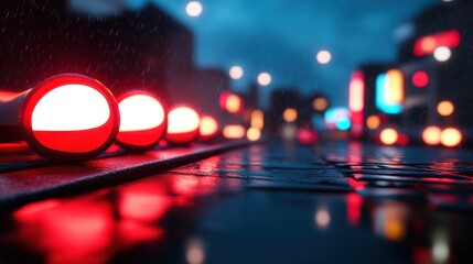 A rainy urban scene with glowing red lights reflecting on wet pavement and blurred city lights creates a moody atmosphere.