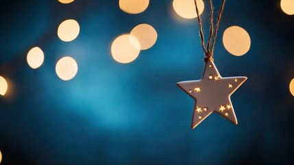 A glowing white star ornament dangles against a blue background, surrounded by softly blurred golden lights for a warm, festive feel.