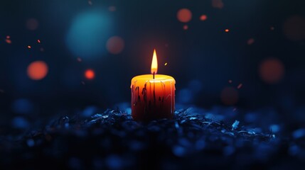 A glowing orange candle with melting wax stands amidst dark, textured surroundings and subtle blue hues, creating a moody ambiance.