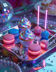 Modern dessert platter for 2026 featuring holographic cupcakes, glowing macarons, neon cake pops, and sparkling sugar crystals on a festive reflective surface, futuristic luxury sweets