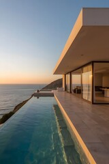 Modern Cliffside Glass House with Infinity Pool Overlooking the Ocean at Golden Hour