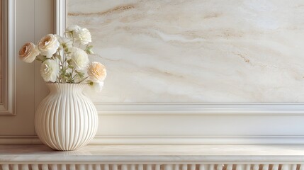 White vase with flowers sits on a shelf. The flowers are arranged in a way that they are visible from all angles