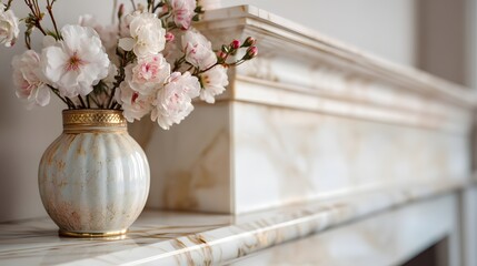 Vase of pink flowers sits on a mantle. The flowers are in a white vase and are arranged in a way that they are the main focus of the image