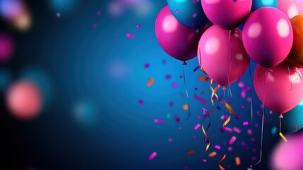 A cluster of colorful balloons floats against a dark blue background, complemented by scattered confetti and ribbons.