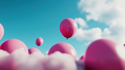 A cheerful scene of pink balloons floating against a bright blue sky and fluffy white clouds.