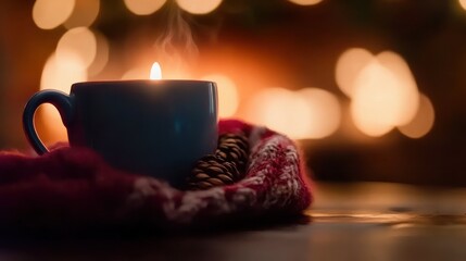 A blue cup with a glowing candle sits among coffee beans, draped in a cozy red blanket, with warm bokeh lights in the background.