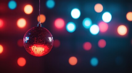 A shiny disco ball hangs in the foreground, surrounded by a vibrant blur of blue, red, and orange lights.