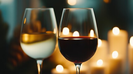 Two elegant wine glasses, one with white wine and the other with red, are illuminated by soft candlelight, creating a warm and inviting atmosphere.