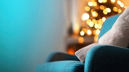 A cozy blue armchair with a textured cushion is set in a softly lit room, with blurred Christmas tree lights creating a warm atmosphere.