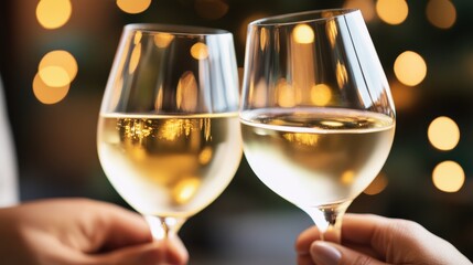 Two glasses of white wine clink together, surrounded by a warm bokeh of lights that creates a cozy atmosphere.