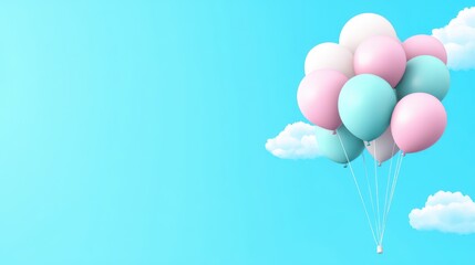 A cluster of pink, light blue, and white balloons floats against a bright blue sky dotted with small clouds.