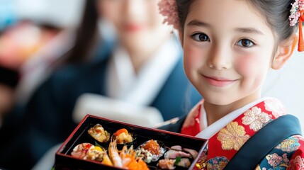 A smiling child in a vibrant traditional outfit happily holds a box of sushi in a bright, cheerful setting.