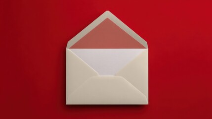 An open envelope rests against a solid red background, containing two pieces of paper one white and intact,