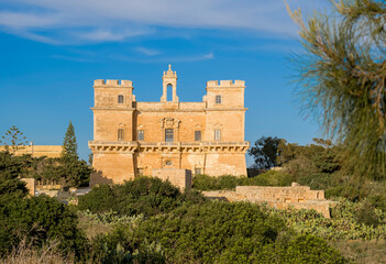 Selmun, Mellieha, Malta &mdash; Selmun Palace, a baroque coastal fortress with sandstone facade and crenellated towers