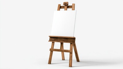 Wooden easel with a blank canvas stands on a white background, inviting creative expression and artistic endeavors, ready for artwork