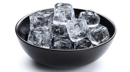 Pile of clear ice cubes in a black bowl refreshing cold drink ingredient isolated on white background for commercial use