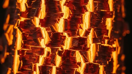 Close-up of glowing embers and burning wood in a campfire at night.