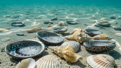 turquoise sea, beautiful colorful shells underfoot macro photography